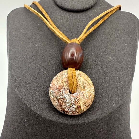 Coral Fossil “Dragon Bone” Donut Pendant and Ocean Jasper Bead on Suede Rope - Picture 7 of 13